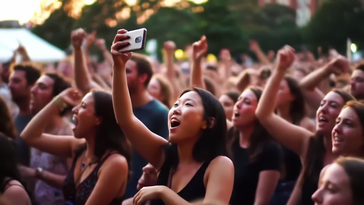 An Electrifying Crowd Captured During a Live Music Performance, Showcasing Enthusiastic Fans Engaged in the Moment with Phones Raised to Capture Memories