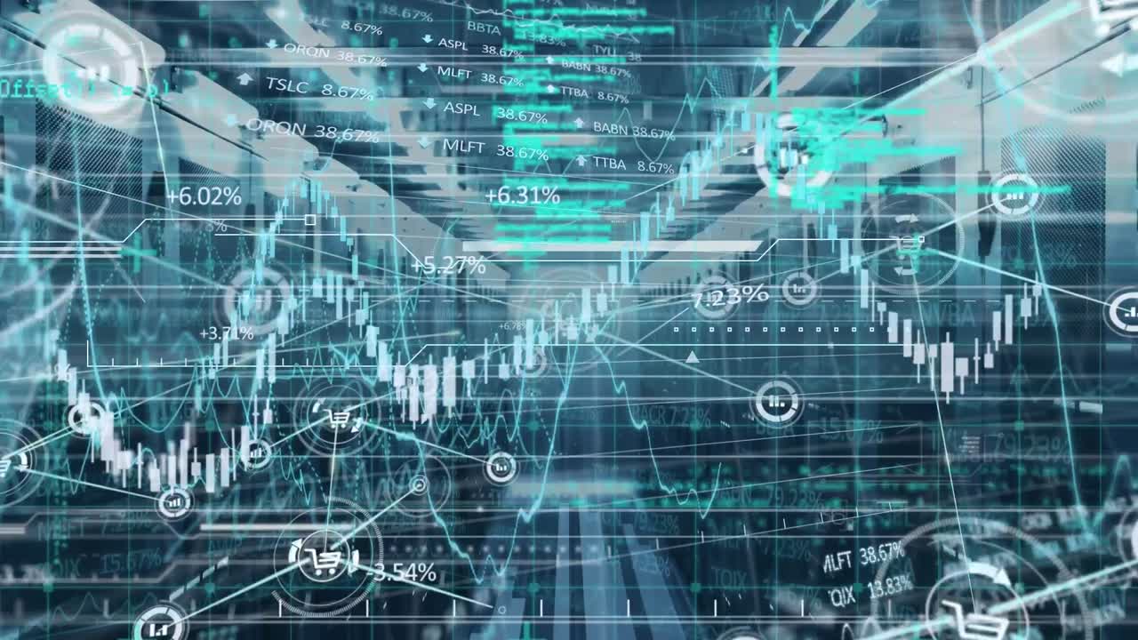 animación del procesamiento de datos e iconos sobre la sala del servidor