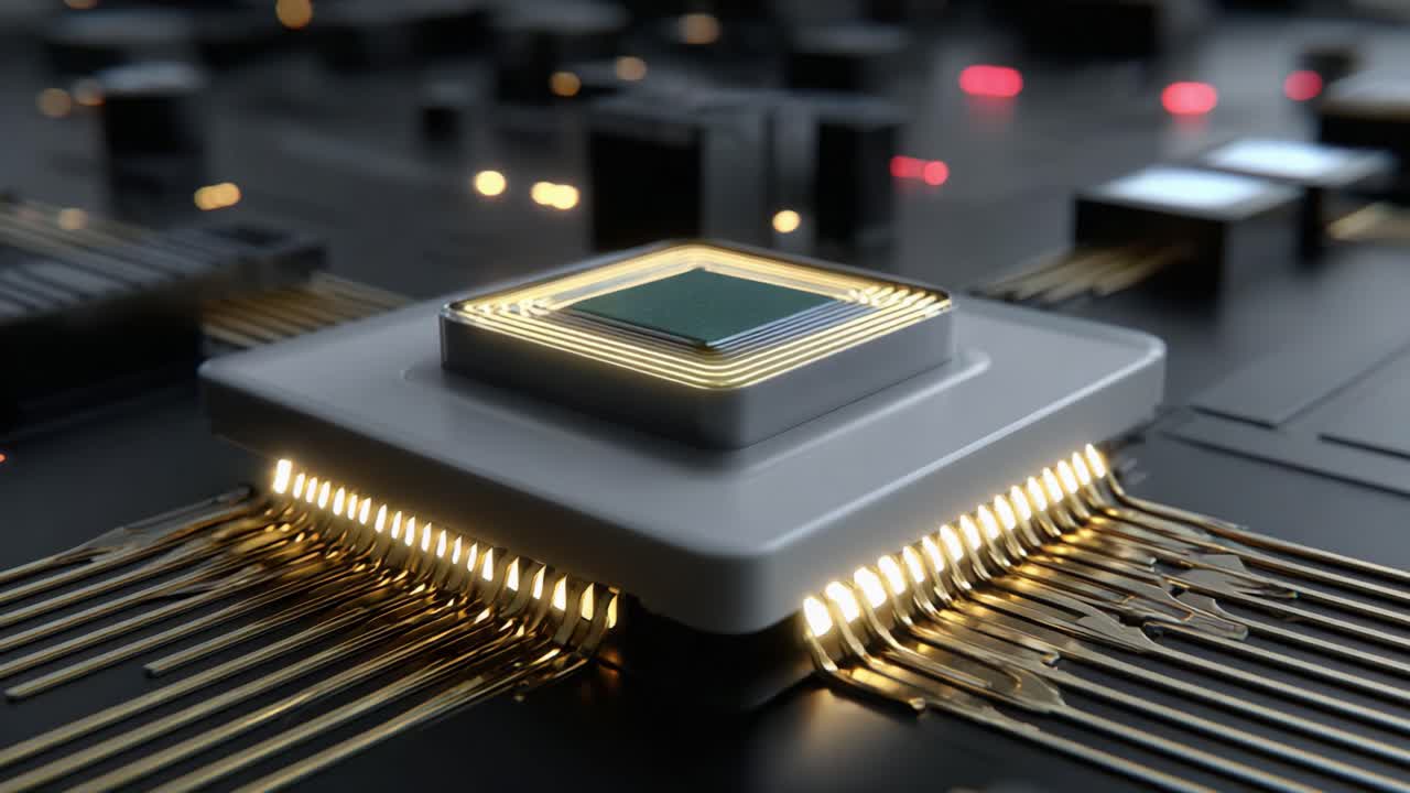 A close-up view of a sophisticated microprocessor integrating advanced technology, showcasing intricate circuit patterns and luminous connections that highlight its skillful engineering and design