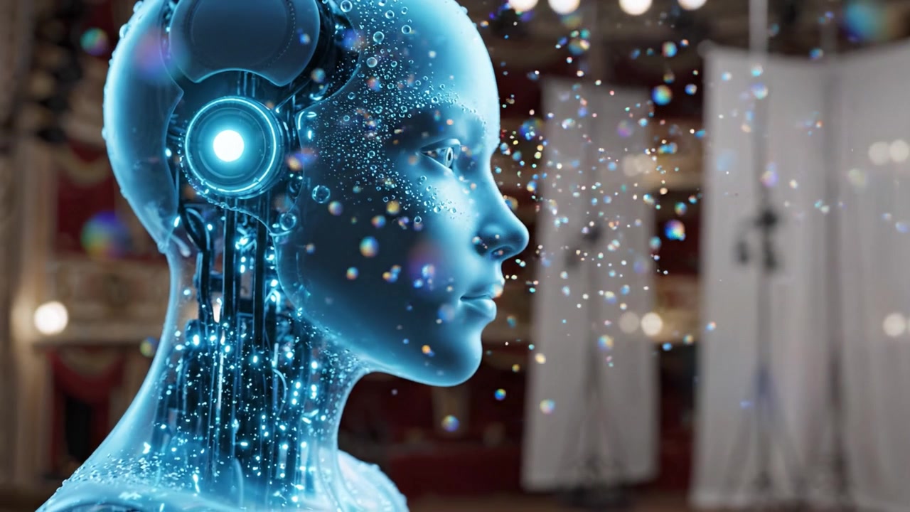 Intelligenza Artificiale Futuristica: uno sguardo all'evoluzione dei robot umanoidi con caratteristiche avanzate ed elementi luminosi in un'ambientazione teatrale.