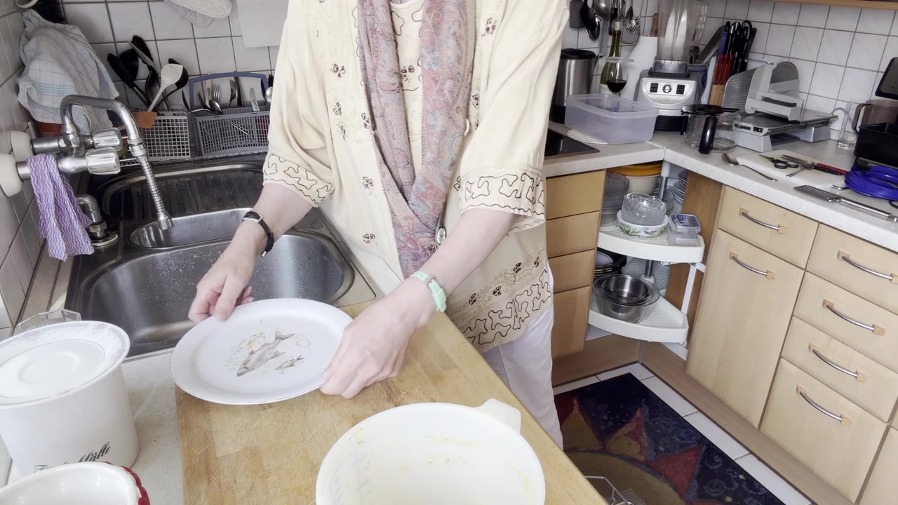 A static kitchen scene showing a homemaker placing the final fish-patterned dinner plates into a dishwasher while a tidy, fully equipped cooking area surrounds her.