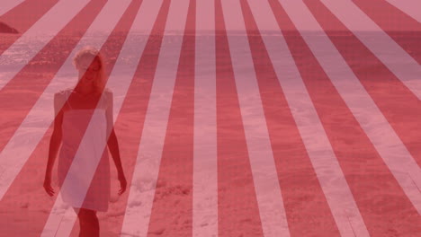 woman walking shoreline with animated health data graphs floating over calm sea beach scene
