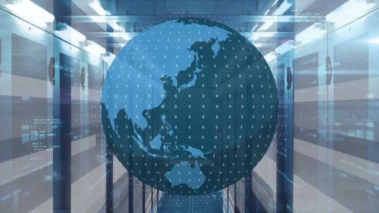 Animation of globe with computer servers and data processing