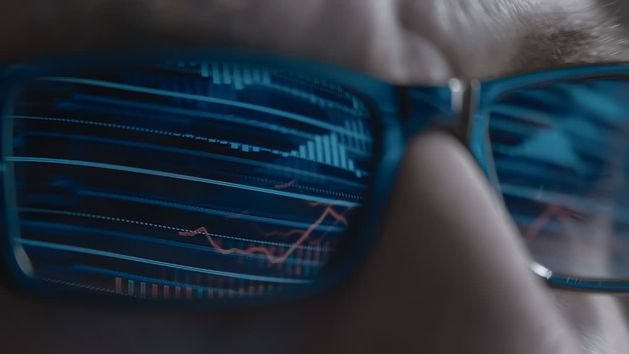 gli occhiali neri di un commerciante che negozia sulla borsa, su un forex