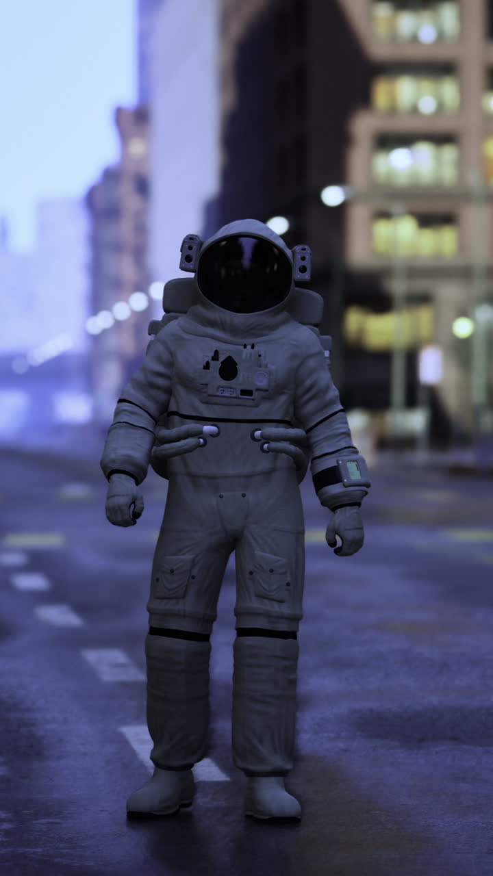 Astronaut exploring an empty city street at dawn amid futuristic skyscrapers