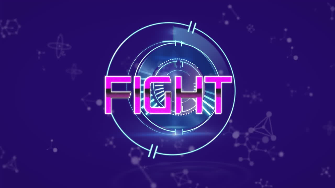 네온 라운드 스캐너와 파란색 배경의 분자 구조 위에 싸움 텍스트 배너의 애니메이션