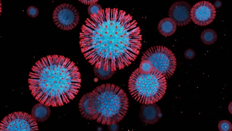 en primer plano, el coronavirus tipo covid-19, h1n1, la gripe aviar o la gripe porcina se mueven suavemente en el fluido. representación 3d del virus como fondo de bucle microscópico microbiológico. gradiente azul rojo 3