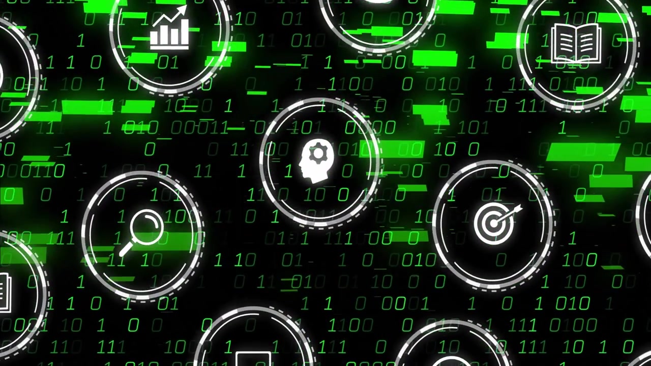 Binary code initiating sliding icons shifting grid fading, glitch bars sweeping forming matrix