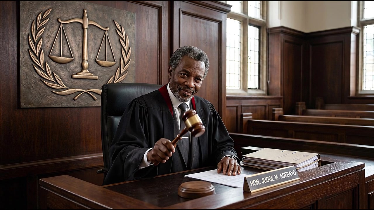 Juiz sorrindo enquanto segura um malhete em tribunal com emblema da balança ao fundo, luz natural das janelas.