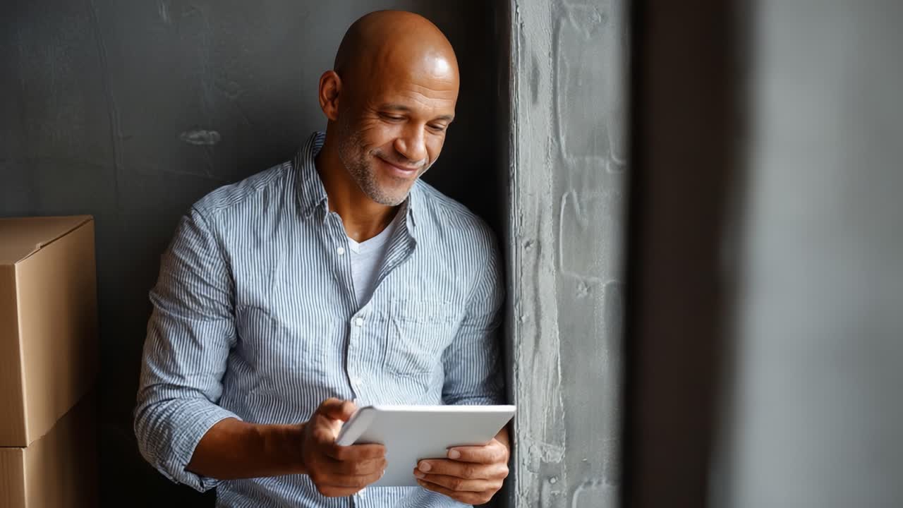 A Smiling Mature Man in a Casual Shirt Relaxing While Engaged with His Digital Tablet in a Cozy Indoor Environment, Surrounded by Boxes and a Relaxed Atmosphere