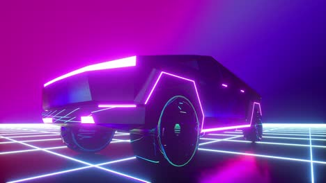 coche cybertruck iluminado por luces de neón en una animación estilizada de onda sintética retro 4k