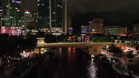 river and bridge in downtown of american city at night