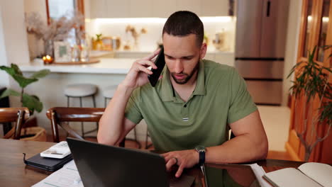 man working from home on laptop and phone call