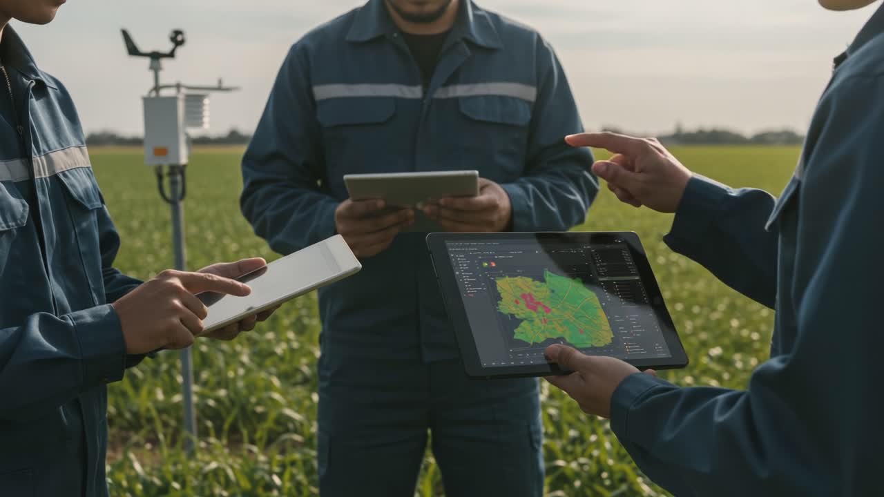 Agricultural Professionals Analyzing Crop Data in a Field with Modern Technology, Using Tablets and Digital Maps for Precision Farming and Data Tracking