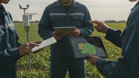 agricultural professionals analyzing crop data in a field with modern technology, using tablets and digital maps for precision farming and data tracking