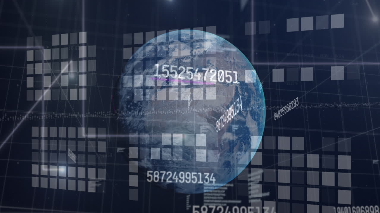 검은색 배경에 지구와 움직이는 열을 가진 금융 데이터 처리의 애니메이션