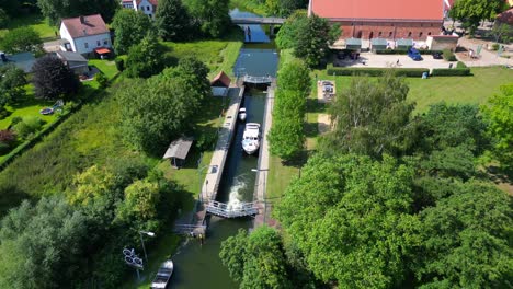 canal lock sluice being used by boats on a sunny summer day in germany himmelpfort countryside brandenburg