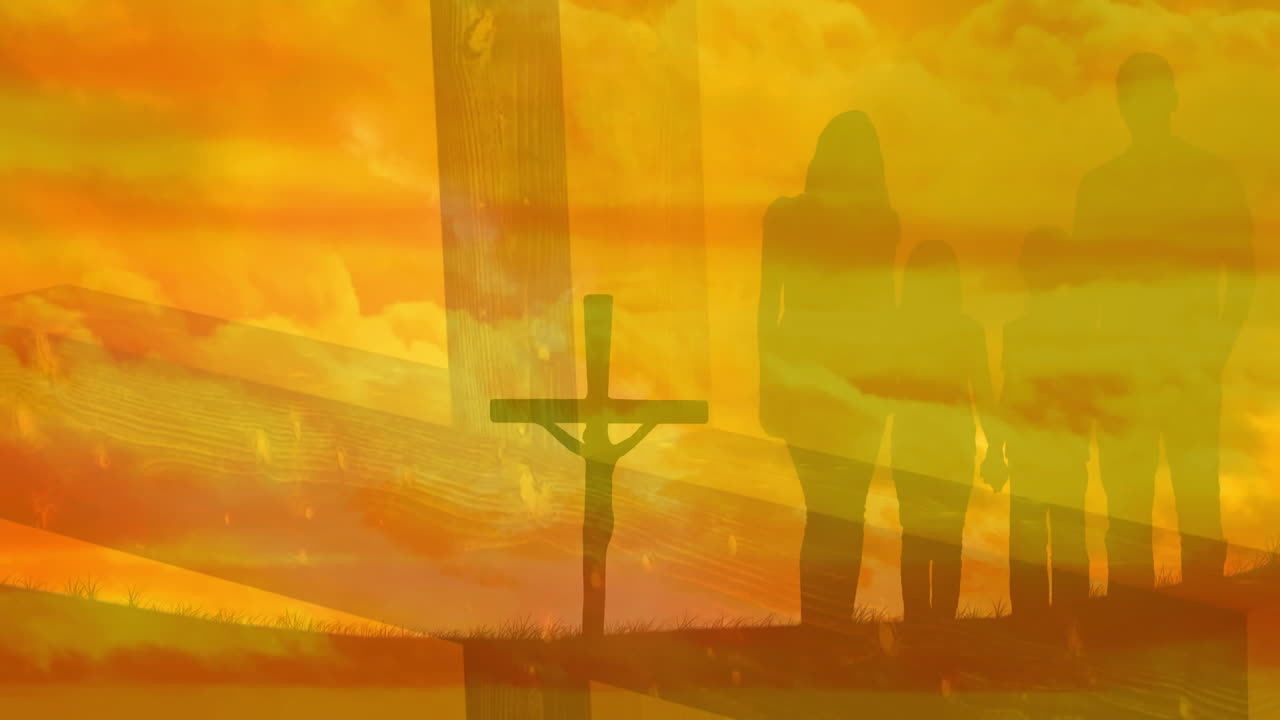 Standing near cross, silhouetted family against vibrant sunset sky in animation