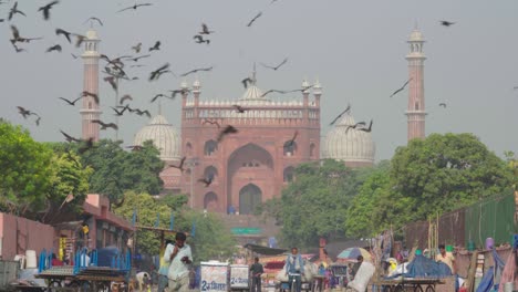 establishing shot of jama masjid delhi india with birds flying in the sky