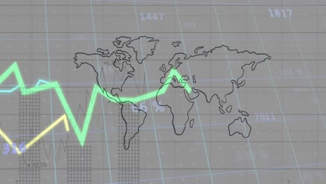 Animación-Del-Procesamiento-De-Estadísticas-Con-Líneas-Sobre-El-Mapa-Mundial-Con-Cuadrícula-Sobre-Fondo-Gris