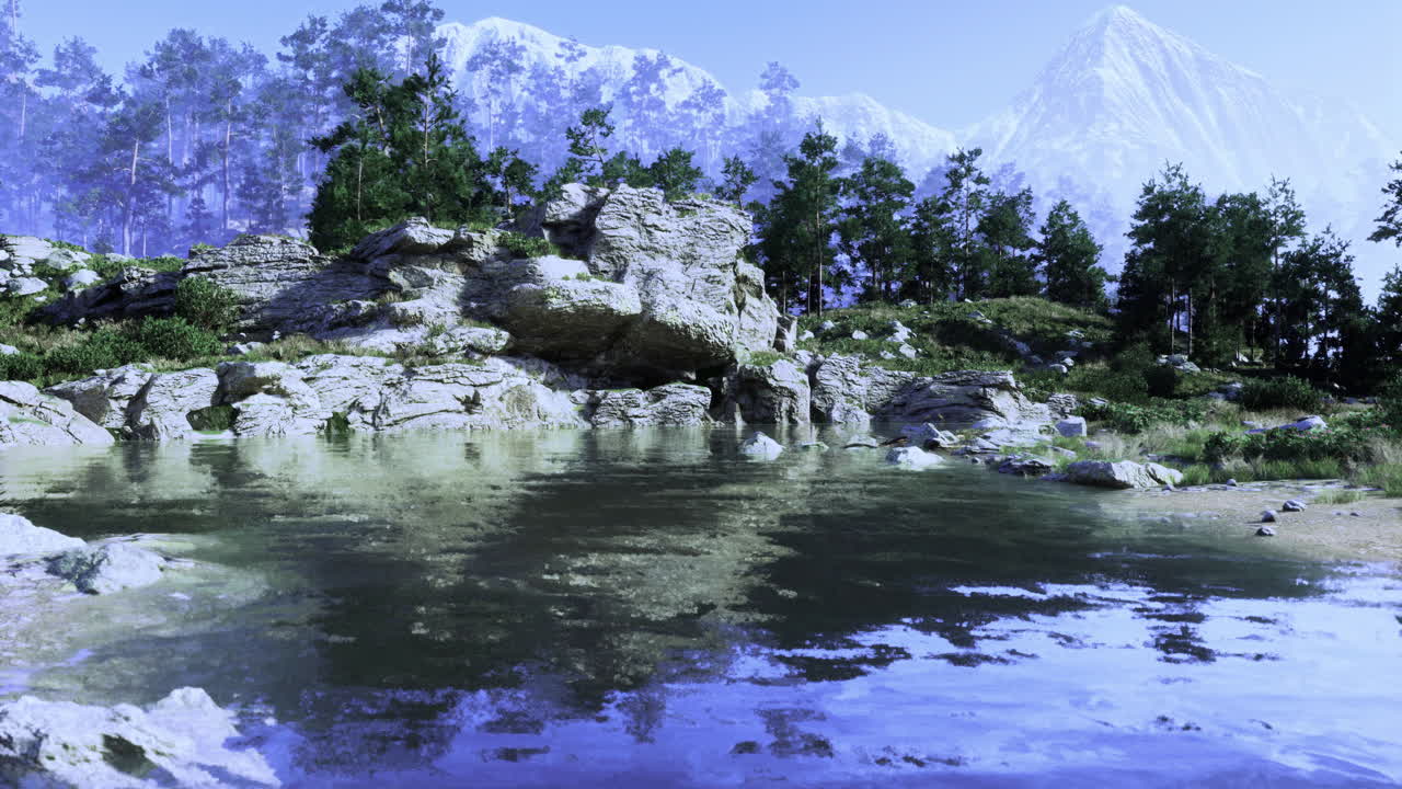 Tranquil mountain landscape with lake and rocky outcrops at dawn
