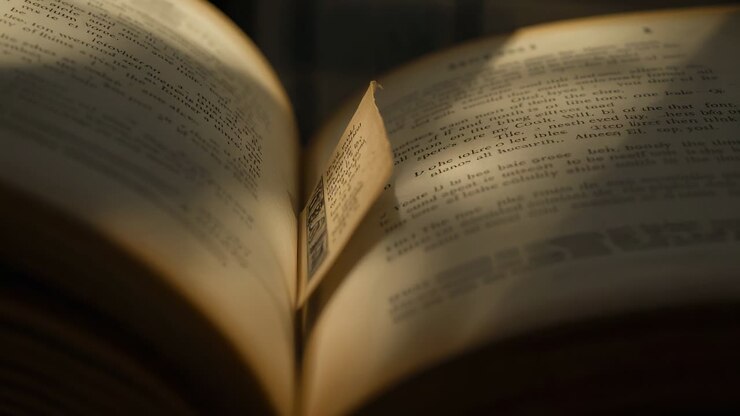 Spostamento della messa a fuoco dell'obiettivo e lampada riscaldante che rivelano un libro stampato aperto sul tavolo, segnalibro verticale