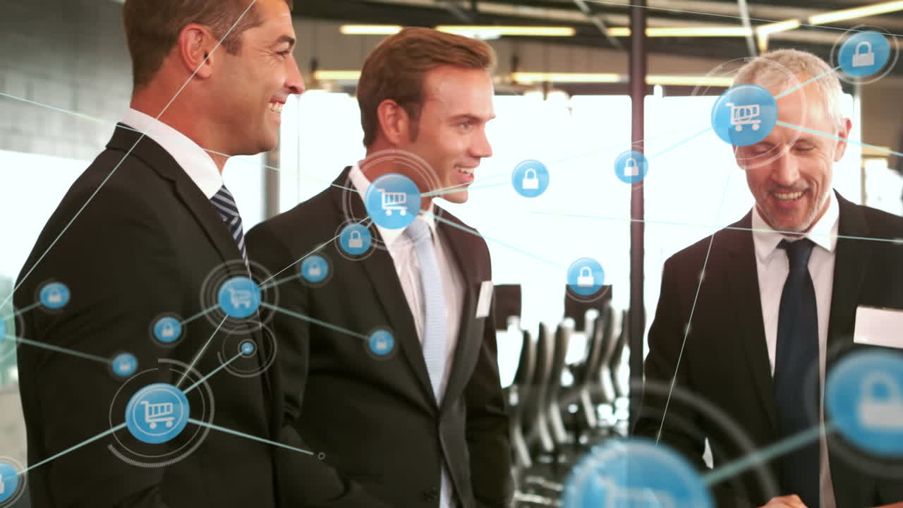 사무실에서 손을 흔드는 사업가들에 대한 디지털 아이콘 네트워크의 애니메이션입니다.