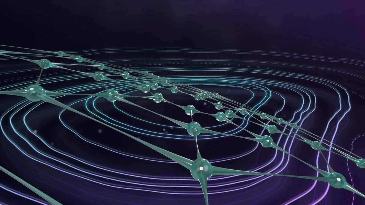 Animation of shapes over neon lines on black background