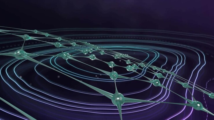 Animation of shapes over neon lines on black background