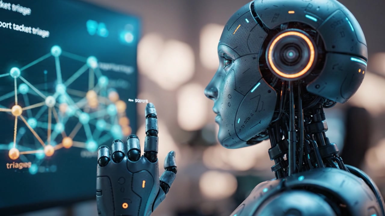 A futuristic robotic figure analyzes complex data patterns on multiple screens, showcasing advanced AI technology in a high-tech environment filled with digital displays.