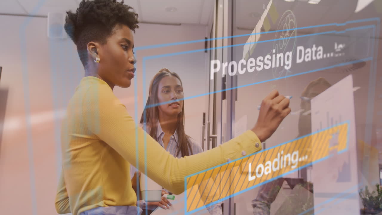 Animation of data processing text over diverse business people working in office