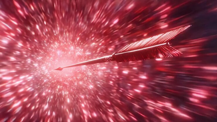 Magical red arrow flying at high speed through a fantastic abstract tunnel of glowing particles, representing concepts like love, passion, determination, and achieving a specific goal