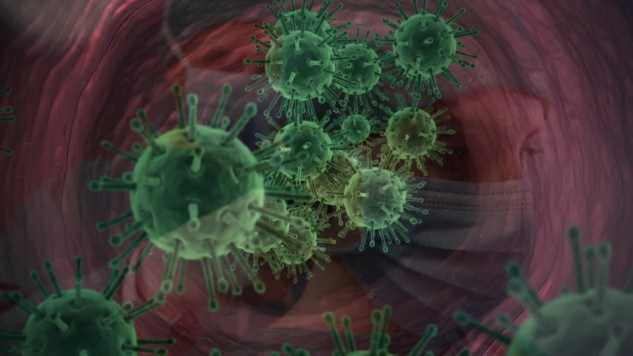 animación de las células de covid-19 flotando sobre el cirujano en la máscara facial