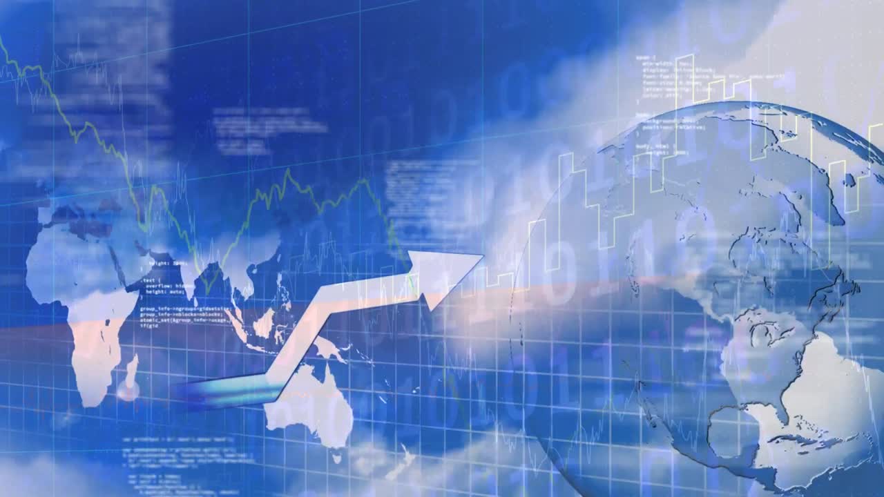 화살표와 금융 데이터에 대한 회전하는 지구와 지구 지도