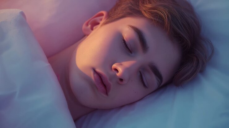 Palpebre che si aprono, calda luce rosa-arancione da sinistra che sveglia un uomo, occhi che si aprono a letto, piumone bianco