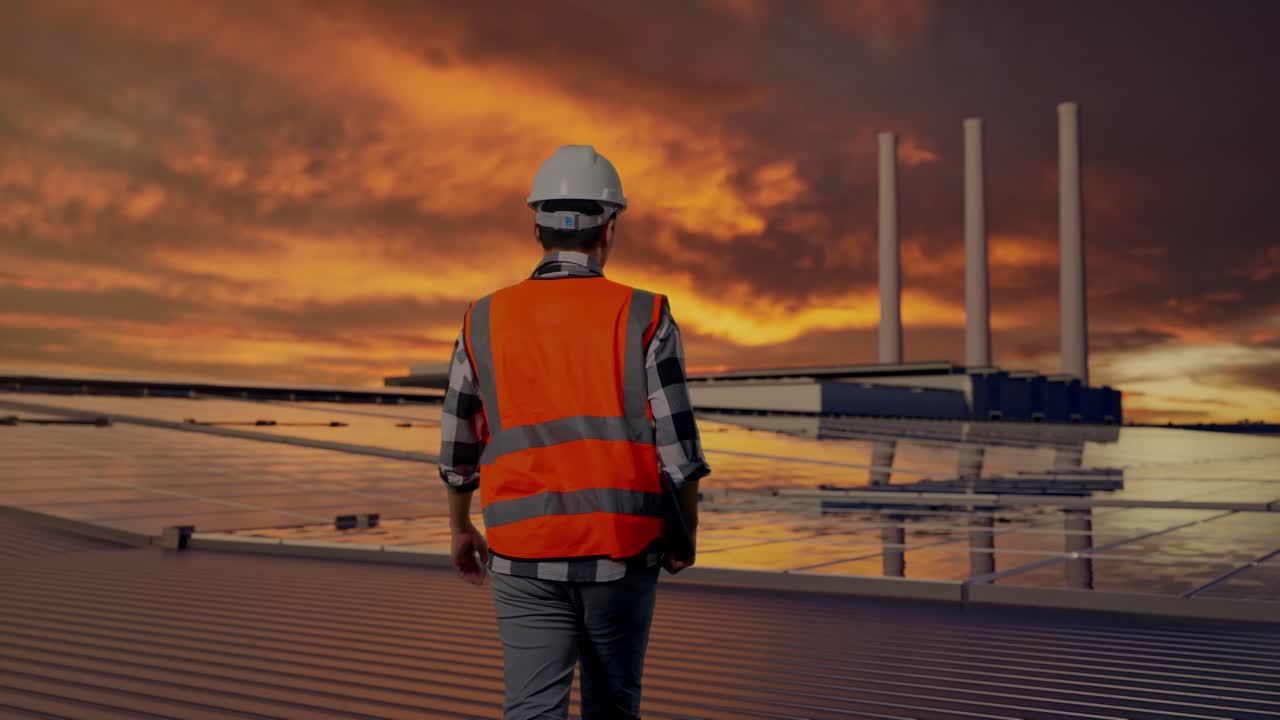 Rückenansicht eines asiatischen Ingenieurs, der beim Gehen und Inspizieren von Solarpaneelen auf dem Dach bei Sonnenuntergang ein Tablet hält.