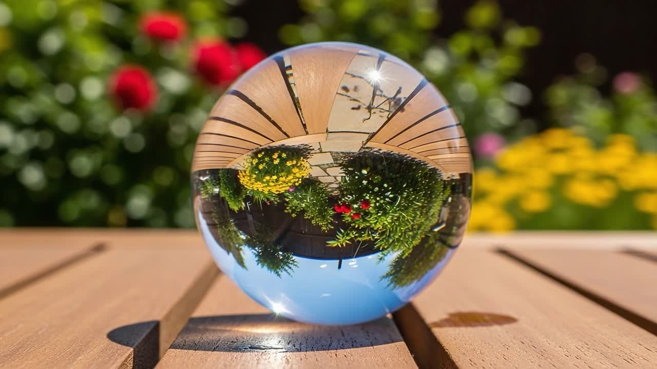 Captivating Reflection of a Colorful Garden Through a Crystal Sphere on Natural Wooden Surface Highlighting Nature's Beauty in a Serene Setting