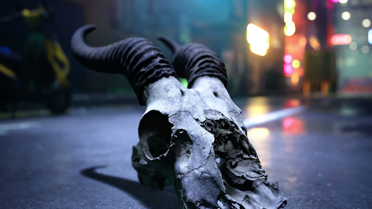 Dark and eerie skull on street with neon lights reflecting at night