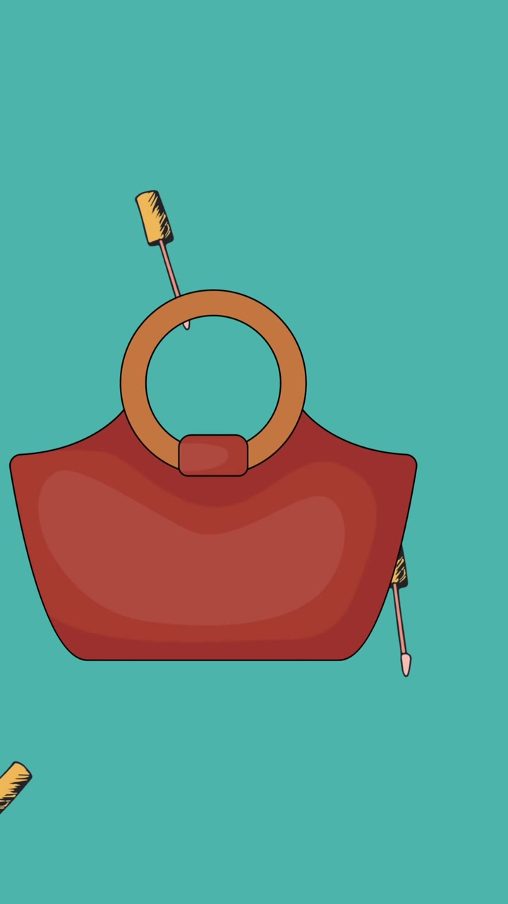 Animación de brochas de maquillaje sobre bolso de moda sobre fondo verde