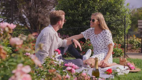 jokes and laughing together - positive spirits and love among rose garden picnic