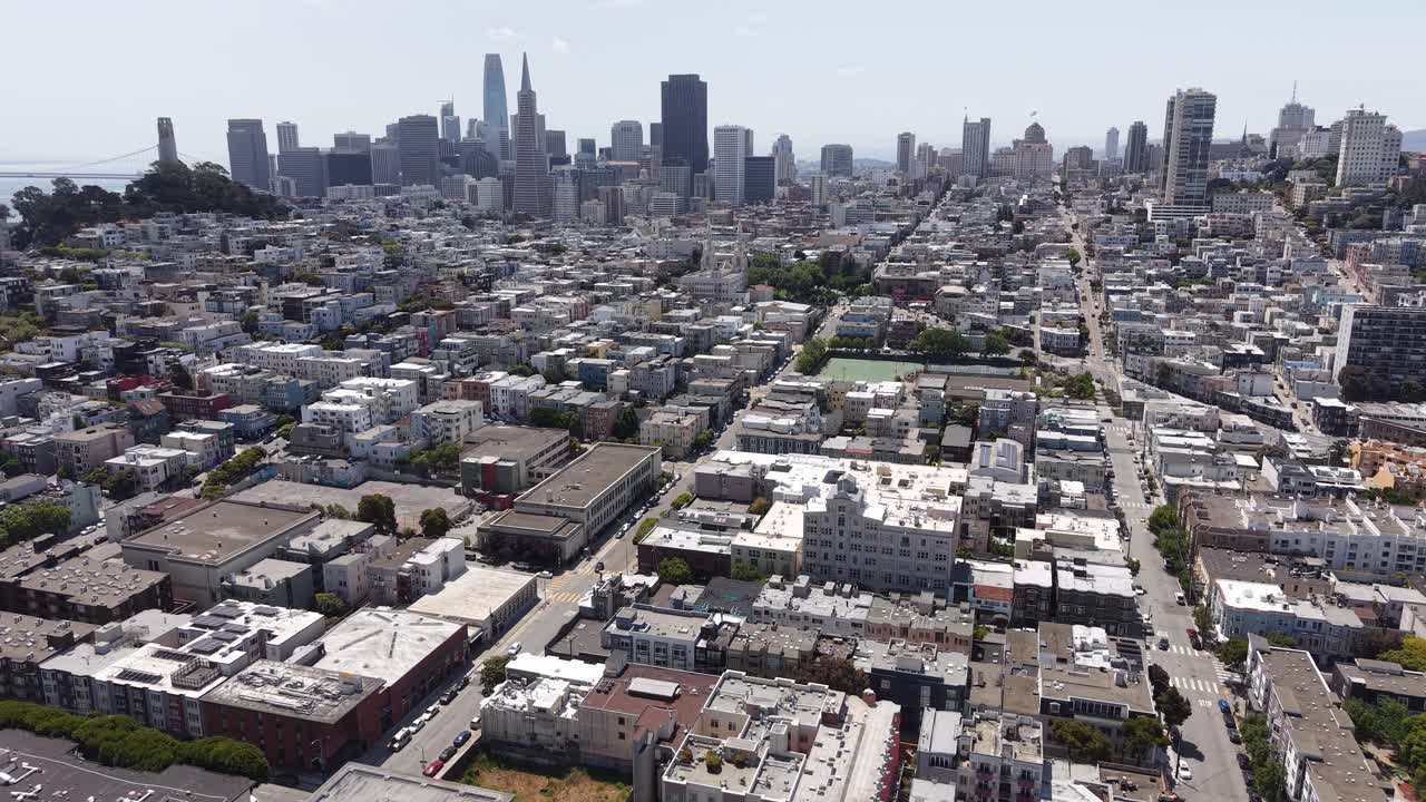San Francisco USA, Revealing Drone Shot of Cityscape From North Beach Neighborhood, Streets and Buildings