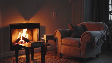 cozy living room by the fireplace at night