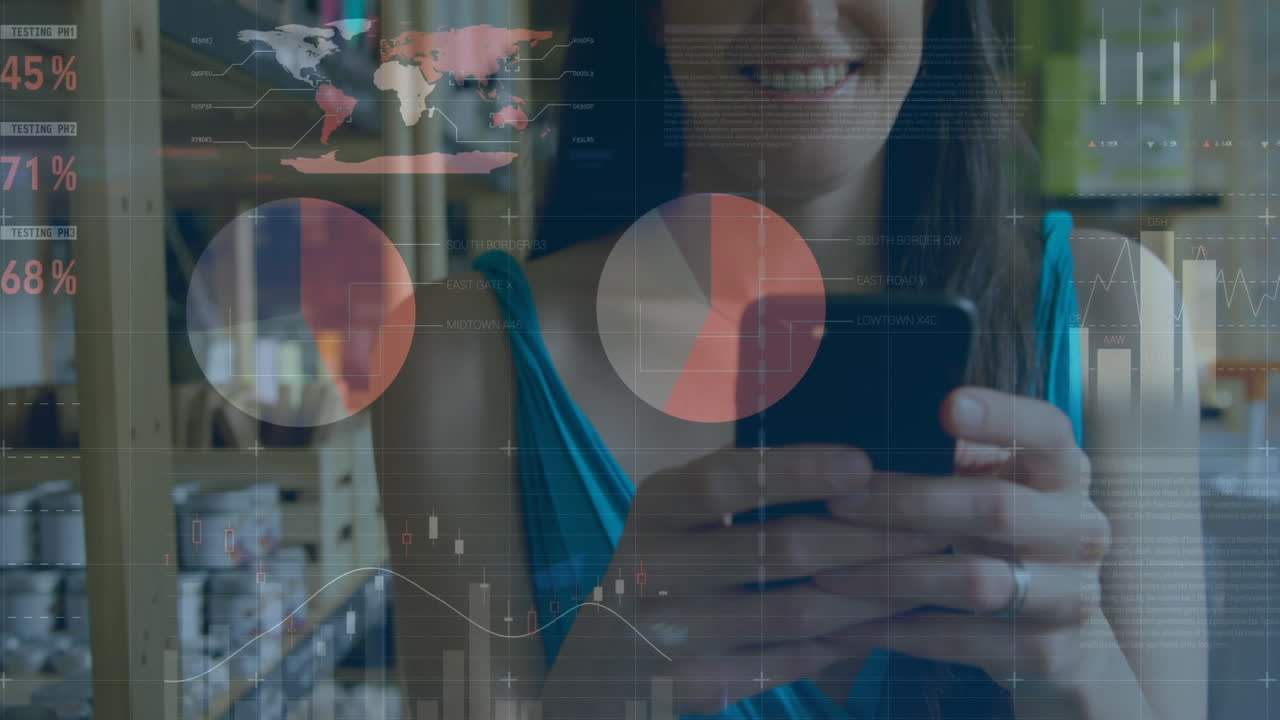 animación del procesamiento de datos financieros sobre una mujer caucásica que usa un teléfono inteligente