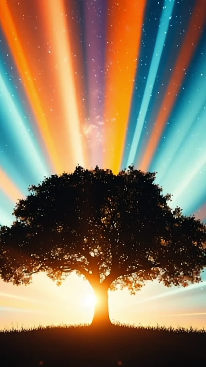 Vibrant sunrise behind a solitary tree. A colorful sunrise casts rays of orange and blue light around a lone tree on a serene landscape at dawn.