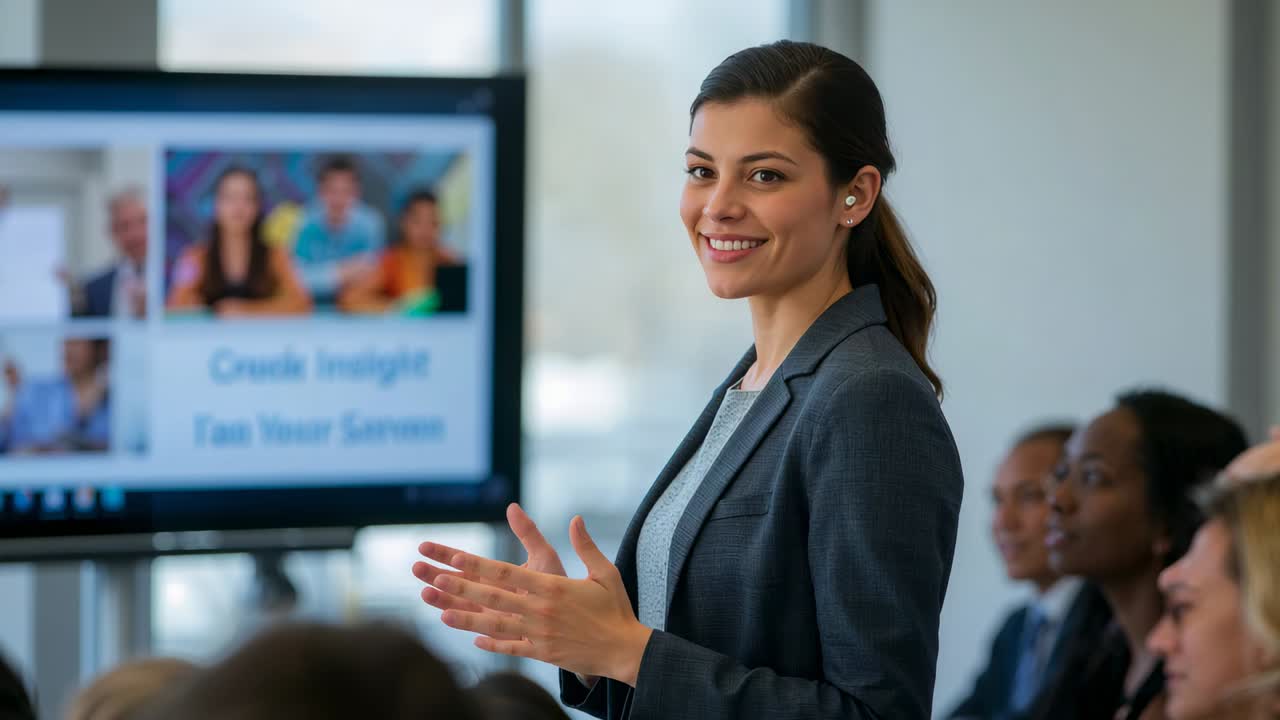Leading woman gesturing and speaking after slide appearing to team in meeting room, gray blazer