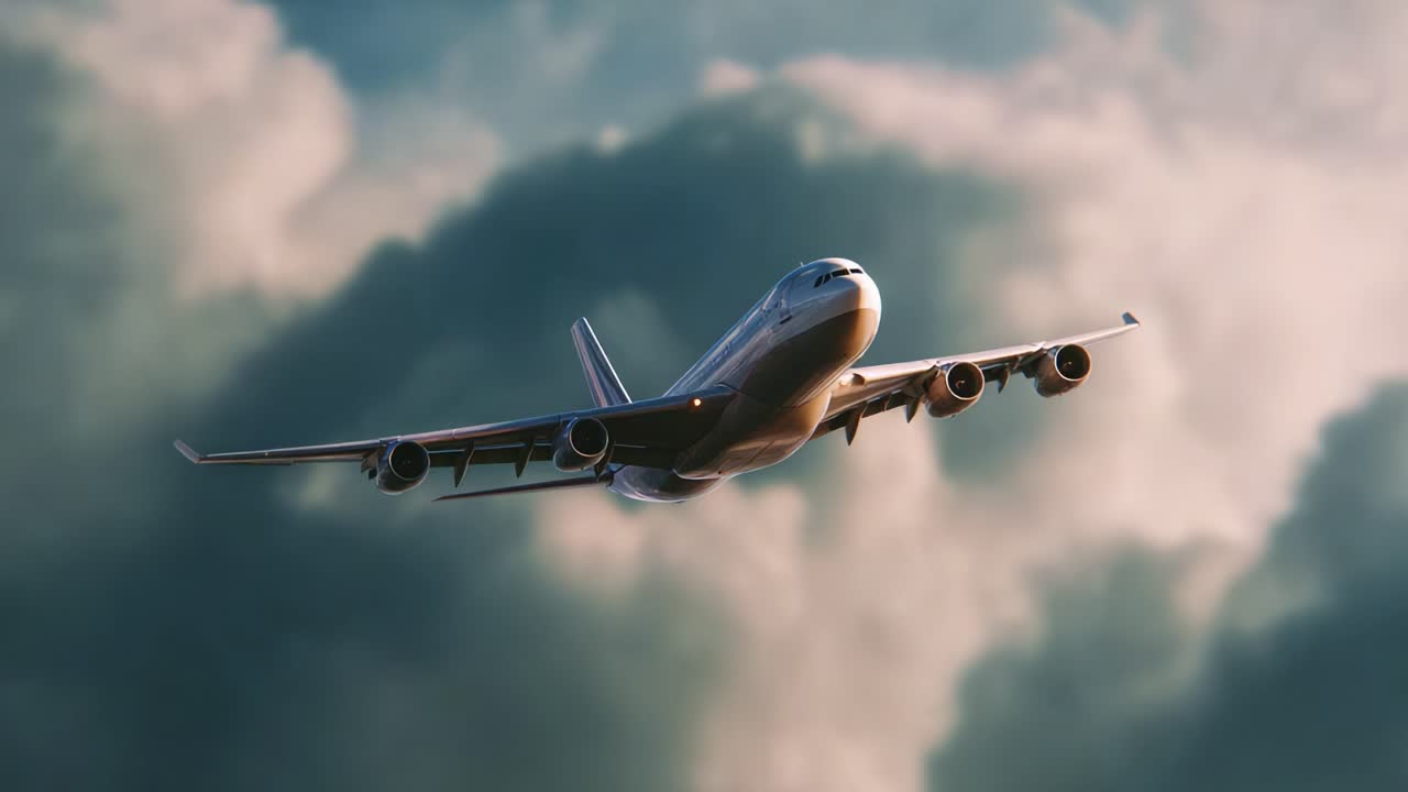 Un maestoso aeroplano si libra leggiadro in un cielo spettacolare, ricco di nuvole soffici, mettendo in mostra la bellezza del volo e la potenza della moderna tecnologia aeronautica