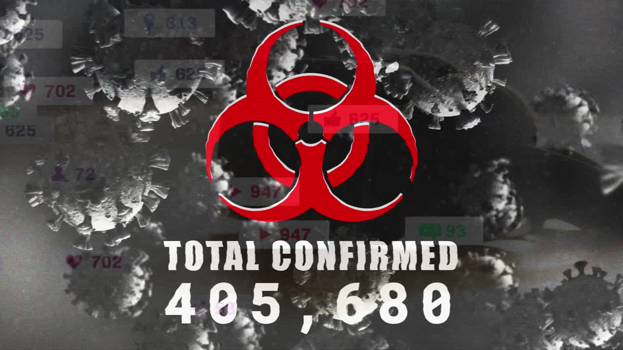 animación de células de covid 19 y procesamiento de datos con símbolo de peligro biológico