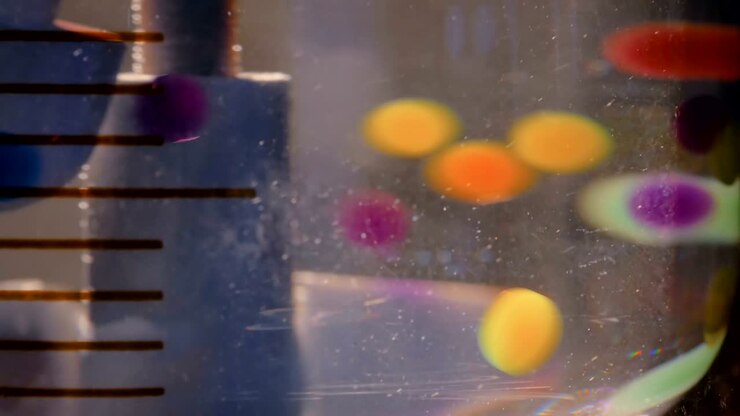 Pillole e compresse colorate in movimento nell'acqua a una fiera farmaceutica
