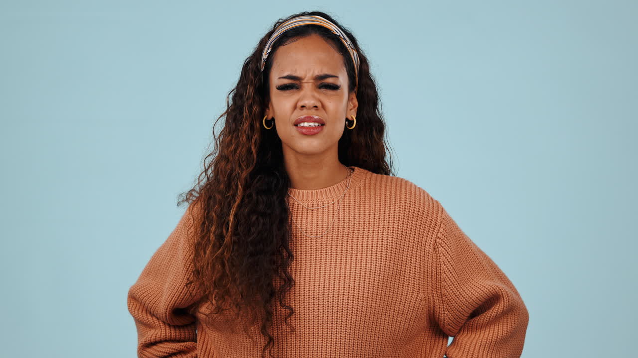 Face, shrug and woman with questions