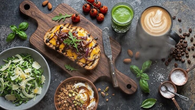 Healthy Breakfast Spread with Toasted Bread and Steaming Coffee